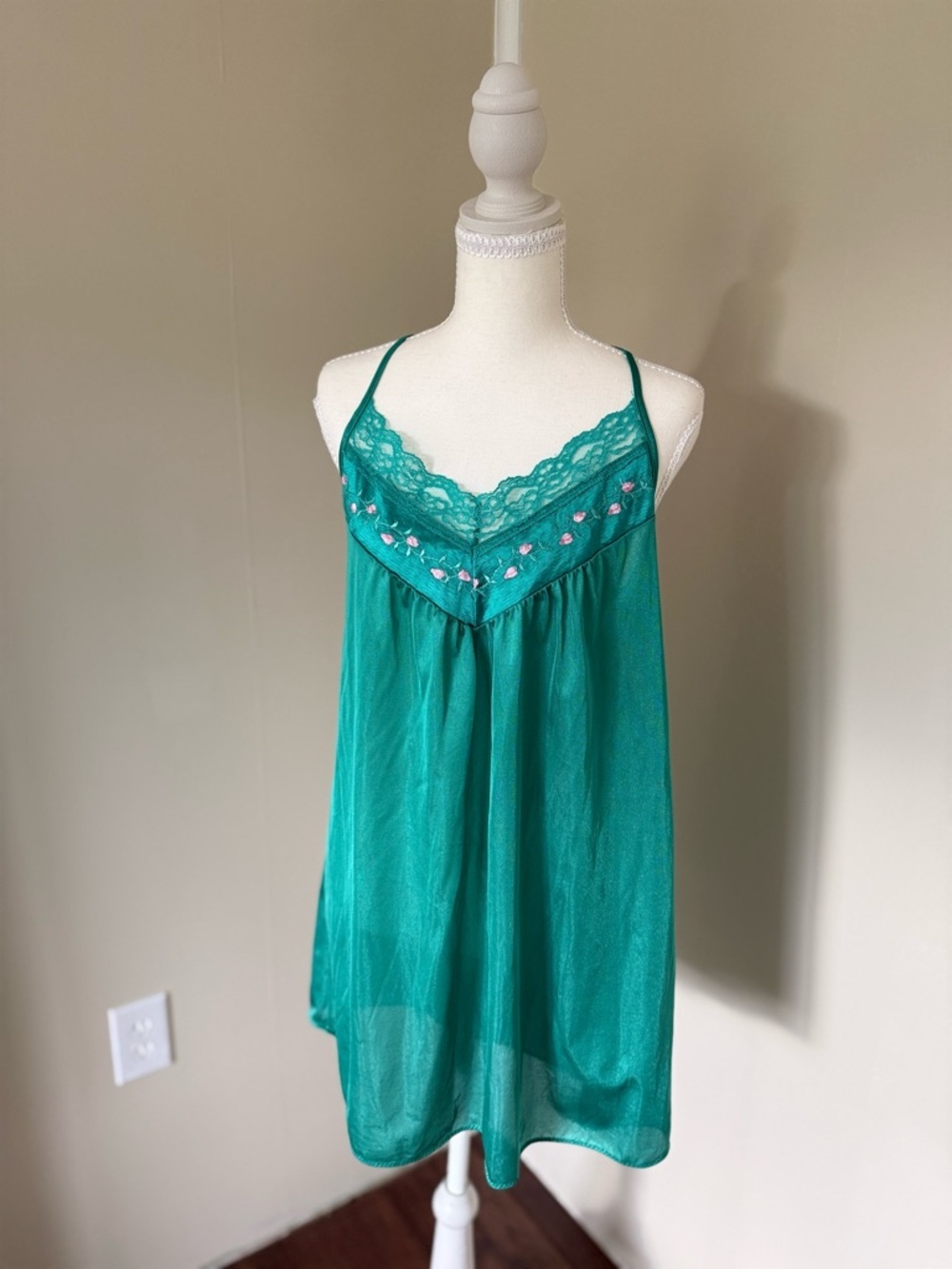 Vintage 70s Stardust Fairycore Emerald Green Teal Chemise Peignoir Set Florets L - Picture 4 of 16